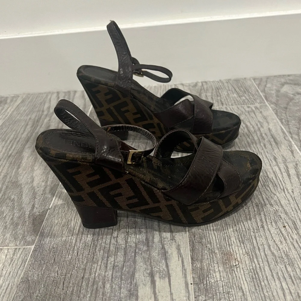 Fendi Dark Brown Monogram Wedge Sandals